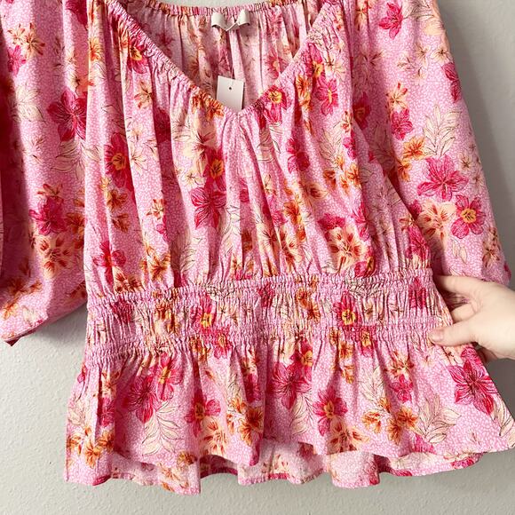 Loft Lily Pink Smocked Gathered Waist V-Neck‎ Blouse Women’s Size XL - New - Picture 5 of 11